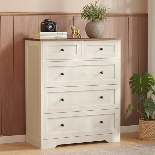 VASAGLE Siren Collection - Commode de Chambre, Meuble de Rangement à Tiroirs, Style Cottage, Armoire de Rangement, Polyvalent, 5 Tiroirs, 40 x 80 x 93,6 cm, Blanc Rustique et Marron Miel LTS643WJ01