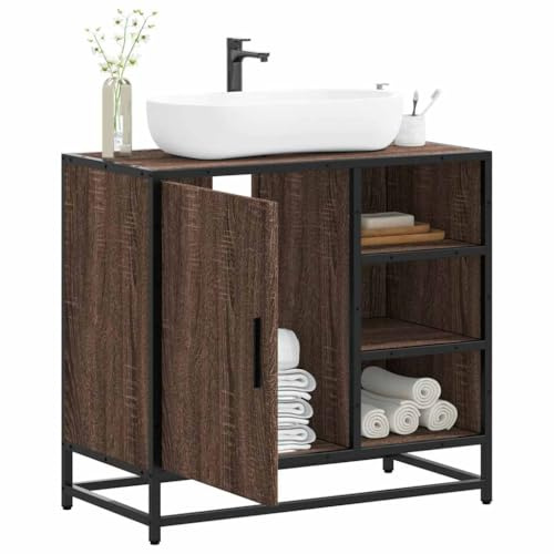 ULUYYUC Mobile sottolavabo, effetto rovere marrone, 65 x 33 x 60 cm, in legno e metallo, design industriale, con spazio di archiviazione, compatibile con piccoli bagni e WC degli ospiti