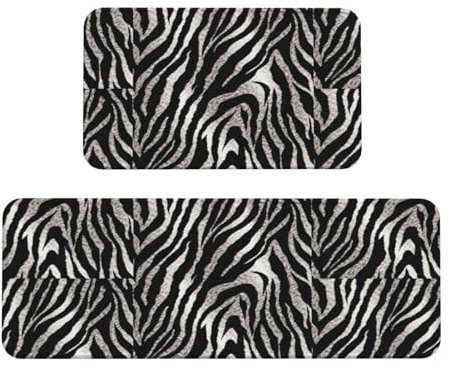 Black and White Zebra Print Kitchen Rugs Set of 2, Cushioned Anti-Fatigue Kitchen Mats for Floor, Waterproof Comfort Standing Mat Absorbent Velvet Kitchen Runner Rugs 17x30+17x47