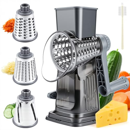 Rotary Cheese Grater with 3 Replaceable Blades and Cleaning Brush – Manual Cheese Shredder with Strong Suction Base, Vegetable Slicer & Grater for Carrots, Potatoes, Nuts, Onion, Kitchen Gadgets