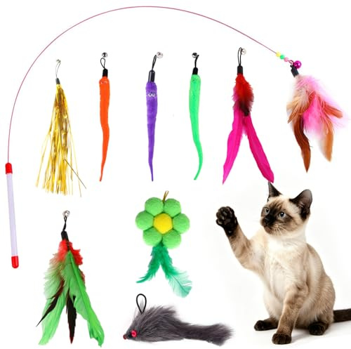 FOSDICK 9 Piezas Juguetes para Gatos, 1 Caña de Pescar para Gatos Pluma con Campana y 8 Repuesto de Juguete Gato Interactivos, Surtido Brinquedo Gato para Aliviar Aburrimiento Juega
