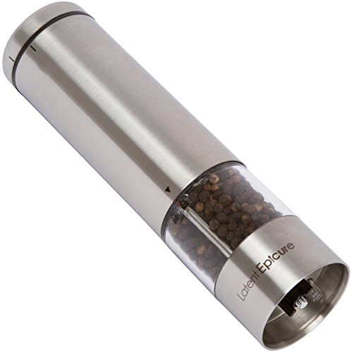 Latent Epicure Electric Salt and Pepper Grinder (Single) - Battery Operated, Stainless Steel Salt & Pepper Shaker or Spice Grinder with Adjustable Fine & Coarseness, One Handed Operation & LED Light
