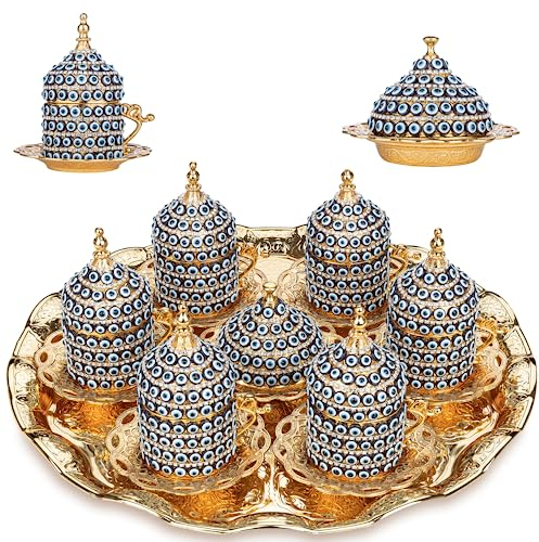 Alisveristime Espresso-Servierset mit Tablett und Zuckerdose, 27-teilig, Motiv: böser Blick, mit Tablett und Zuckerdose, 2 Farboptionen (Gold)