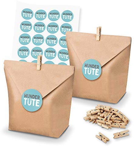 itenga SET Geschenktüten Kraftpapier WUNDERTÜTE (Motiv 117) 24 x Tüten + Klammern + Stickerbogen