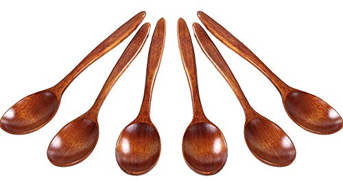 Mein HERZ 6 Stück Natur Bambus Holzlöffel, Umweltfreundlich, BPA Frei, Retro Honig Marmelade Löffel Kind Teelöffel Suppe Löffel Lange Griff Geschirr (14cm, Brown)