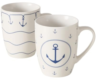 RiloStore - Set di 2 tazze da caffè con ancora da 400 ml, in porcellana, decorative, motivo marittimo, vin brulé