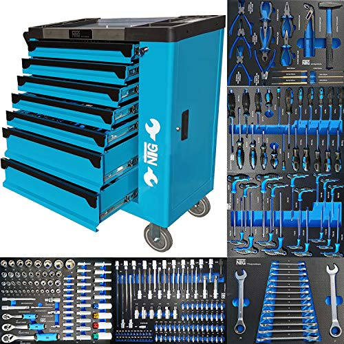 NTG Werkzeugwagen + Werkzeug + 7 Schubladen | 252 Teilig | Abschließbar | Davon 6 mit Werkzeug | Mit Soft Inlays in Carbonoptik | befüllte Schubladen | Werkstattwagen Werkzeugkasten Werkzeugkiste