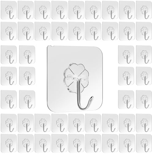 50 Stück klebehaken Selbstklebende Haken, Transparent Selbstklebende Haken(10kg Max), Mehrzweck Klebe Haken, Ohne Bohren, Klebehaken Extra Stark, Geeignet für Badezimmer, Schlafzimmer, Küche