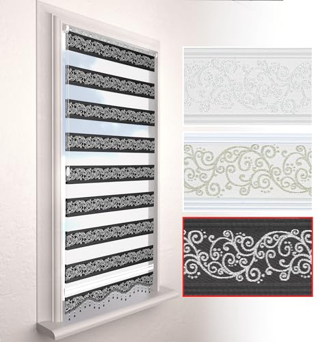 Brillant Doppelrollo Klemmfix ohne Bohren Schwarz Silber 200 x 80 cm (Länge x Breite) Duorollo Blickdicht mit Perlen, glitzert, Raffrollo Fenster Tür Zebra Perde Klemmrollo Seitenzugrollo