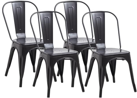 GrandCA HOME Lot de 4 Chaises de Salle à Manger Empilables en Métal, Chaises de Bar, pour Restaurant, Jardin, Bistro, Balcon, Noir