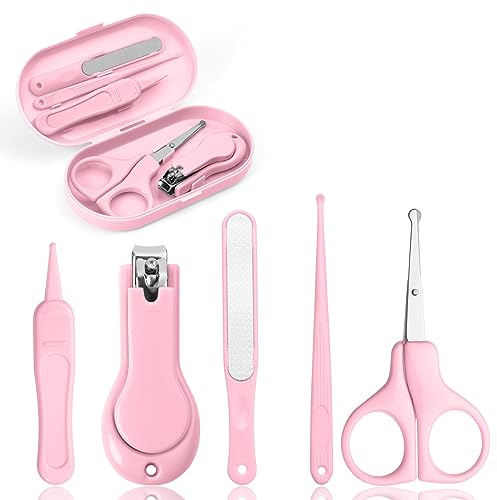 Vicloon Juego de Cuidado para Guardería, 5 en 1 Kit de Corta Uñas para Bebe Cuidado de Uñas, Manicura para Bebe, Juego de Pedicura para Bebé, Con Tijera de Seguridad + Lima para Uñas + Pinzas (Rosa)