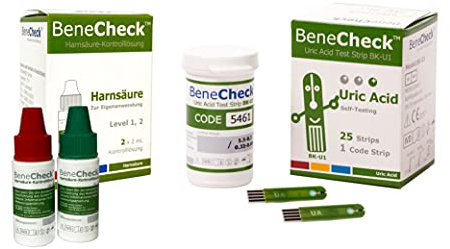 BeneCheck Harnsäure Teststreifen 25 Stück und Kontrolllösung im Bundle