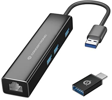 Conceptronic DONN07B/ Hub USB de 3 Puertos con Adaptador de Red Gigabit Incluido USB-C a USB-A Converter Hub de Interfaz USB 3.2 Gen 1 (3.1 Gen 1) Type-C 5000 Mbps, Color Negro