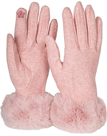 styleBREAKER Damen Touchscreen Stoff Handschuhe Fake Fur | Leitfähige Fasern für Displays, weiches Fleece-Innenfutter, Besatz am Saum, elastische Einheitsgröße 6-8 EU.