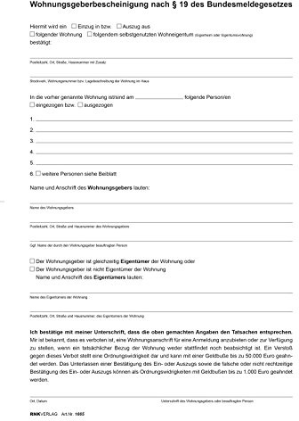 RNKVERLAG 1665 - Wohnungsgeberbescheinigung nach § 19 Bundesmeldegesetz (BMG), 2 Seiten, DIN A4, 10 Stück