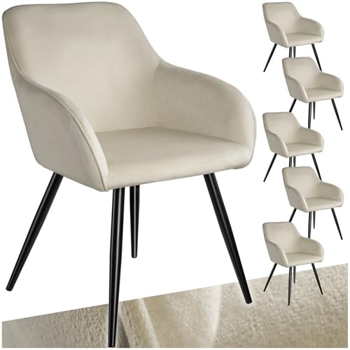 tectake 6er Set moderner Esszimmer Stuhl, Sitzfläche aus Samt, Armlehnstuhl, Sessel Wohnzimmer, gepolsterter Bürostuhl mit schwarzen Metallbeinen, Schminktisch Stuhl - Creme/schwarz
