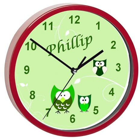 CreaDesign, Wanduhr Kinder personalisiert mit Name, Motiv Eule grün, Rahmen Wanduhr rot, Ø 19,5 cm