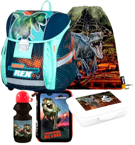Dinosaurier Dino T-Rex Schulranzen Ranzen Tornister 5 TLG Set Tasche Federmappe mit Sticker-von-Kids4shop