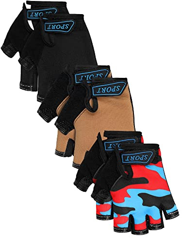 Boao 3 Pairs Kids Half Finger Bike Gloves Non-Slip Breathable Adjustable Birthday Gift for Boys Girls for Bike Workout(Classic,8-12 Years)