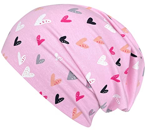 Wollhuhn Kinder Beanie – Zweilagige Longbeanie aus Jersey, wendbar & weich – innen grau – Handmade in Deutschland – ganzjährig (DE/NL/SE/PL, Numerisch, 52, 54, Herzen Rosa)