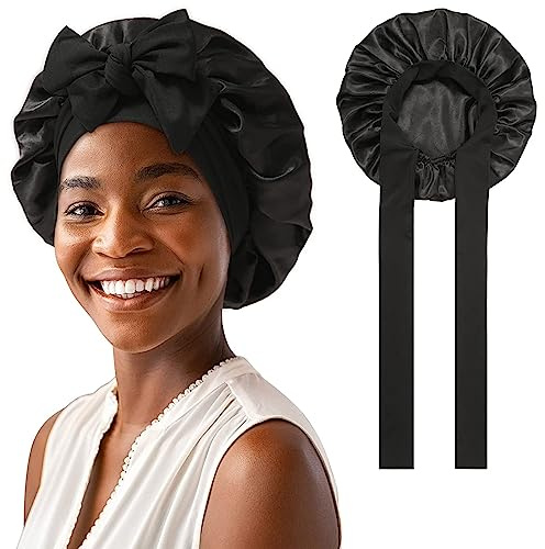 GUGUGO Seidenhaube zum Schlafen, Silk Bonnet, Verstellbare Seidenhaube, Schlafhaube Seide, Schlafmütze Damen, Satin Haube, Satin Haube Schlafen, Silk Sleeping Cap, Schwarz