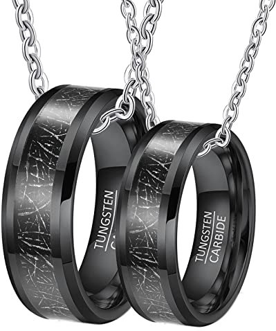 BCughia Partnerketten Personalisiert, Partnerketten mit Ring Schwarz Halskette Gravieren 8 mm Schwarze Ringeinlage aus Metall Necklace für Männer