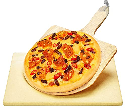 Pizza Stone and Wood Pizza Peel Set, Transfer Shovel, Serving Tool, Pizza Tool Set for Pizza, Cake, Bread, Pies, Cookies on Oven, BBQ Grill