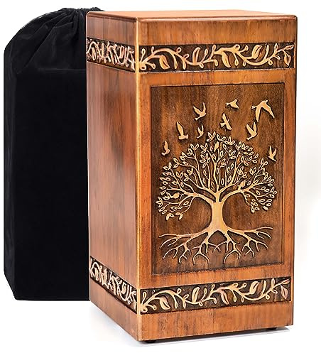 Wooden Cremation Urn for Human Ashes Adult Male Female 250 lbs, Engraved Tree of Life Decorative Funeral Urns Box and Casket for Ashes Men Women with Satin Bag Burial or Memorial(Tree of Life)