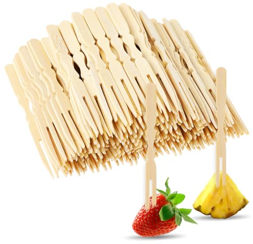 200 Stück Bambus Obstgabel Mini Bamboo Forks Fingerfood Spieße Bambus-Vorspeisengabeln Holz Holzbesteck für Party Geburtstag Camping und Picknick Cocktails, Obst, Gebäck, Desserts