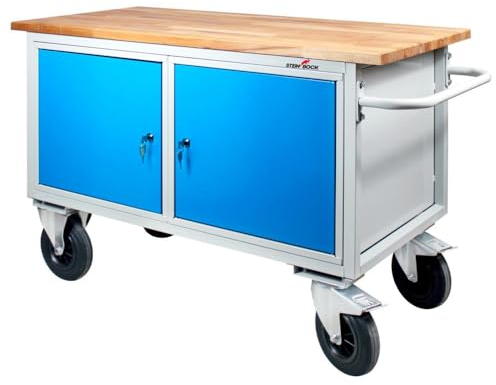 Steinbock Werkbank mit 2 Türen und Regalböden | 500 kg Tragkraft | HxBxT 82,7 x 130 x 60 cm | mobil | Lichtblau | 4 cm Starke Holzplatte | stabiles Stahlgestell | Made in EU | Profi-Werktisch
