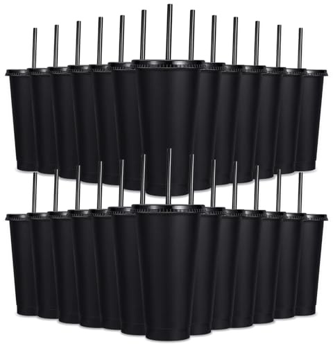 24 Pack Plastic Tumblers with Lids and Straw, Reusable Cups with Lids and Straws Colorful Cups for Cold Drink Iced Coffee, Plastic Tumbler Bulk for Party Birthday Gifts (24 oz, Stylish Colors-Black)