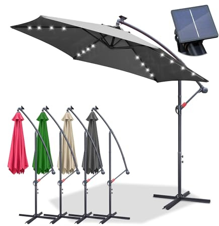 Jopassy Sonnenschirm 350cm mit LED solar,Ampelschirm Groß mit Ständer Alu Kurbelschirm UV-Schutz Parasol Wasserdicht Gartenschirm Marktschirm für Terrasse,Balkon,Garten,Anthrazit