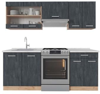 Vicco Küchenzeile R-Line, Schwarz Beton/Goldkraft Eiche, 200 cm AP Marmor
