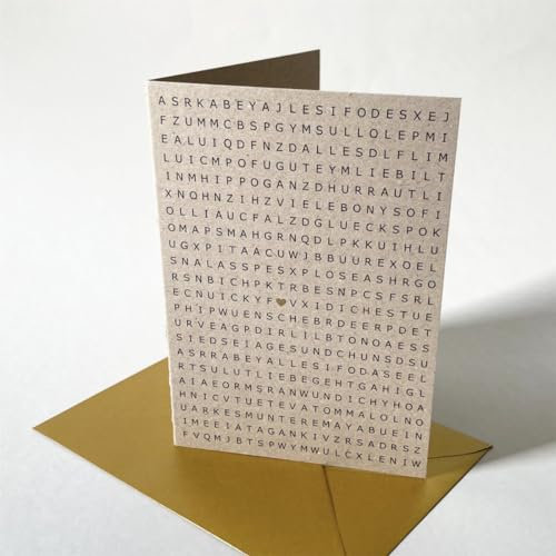 Wörter suchen, 6 Klappkarten DIN A6 mit goldenen Umschlägen - schwarzer und goldener Druck auf dicker, rustikaler Graupappe ca. 400 g/qm
