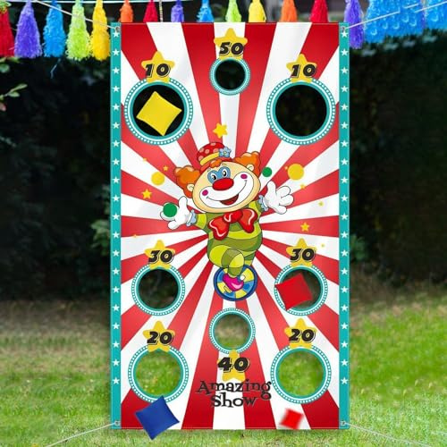 KUYOEJAR Karneval Clown Wurfspiel Banner mit 3 Bohnensäcken - Zirkus Party Deko & Aktivitäten für Kinder und Erwachsene -Indoor/Outdoor Kinderparty Zubehör- Ideal für Feste（140 * 80cm）