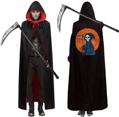LGZIN Sensenmann Umhang, Halloween Umhang mit Kapuze, Schwarz Rot Doppelseitig Kostüm Umhang mit Sense, Halloween Mantel Erwachsene, Sensenmann Kapuzenumhang für Halloween Karneval Cosplay