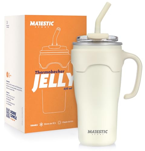 Majestic Sport Jelly - Tazza termica con cannuccia e manico, 650 ml, in acciaio inox, per bevande calde e fredde, per la casa, i viaggi, colore bianco