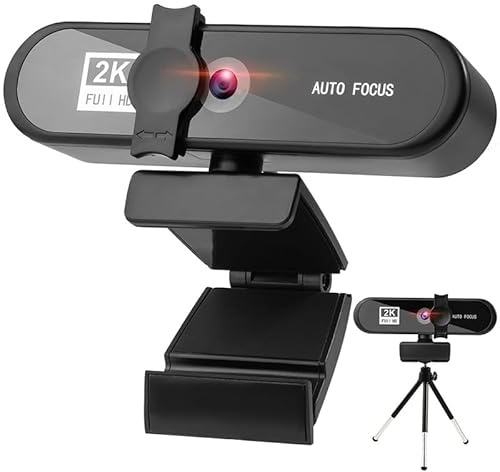 Webcam 2K Caméra de téléphonie vidéo – Autofocus Ultra HD Webcam de réunion avec microphone stéréo – Caméra d'ordinateur Plug and Play avec brise-vue pour les enregistrements en direct en classe PC,
