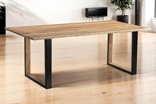 SAM Baumkantentisch 220 x 100 cm Brisbane, Akazienholz massiv + naturfarben, Esstisch mit schwarzem U-Gestell aus Metall + Holz-Inlet Innen, echte Baumkante, pflegeleichter Esszimmertisch