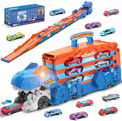 TERRAMUS Dinosaurier Transport Truck Spielzeugauto für Kinder - 3 in 1 Auswurf Folding Track Auto Spielzeug mit 8 Rennwagen, Portable Träger Fahrzeuge Spielzeug Race Cars Set für Jungen 3-5 Jahre alt