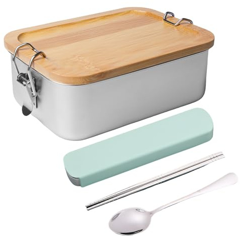 Caja De Almuerzo De Acero Inoxidable Con Tapa De Madera: Tapa De Bambú Caja De Pan Robusta, Sostenible Y Sin BPA, Ideal Para La Escuela Y El Trabajo (850ml)