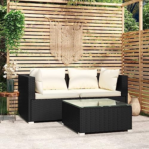 KTHLBRH 3-TLG. Garten-Lounge-Set mit Auflagen Schwarz Poly Rattan Gartenmöbel-Sets Balkonmöbel-Sets Outdoor-Möbel-Sets Terrassenmöbel-Sets für Terrasse, Garten, Balkon