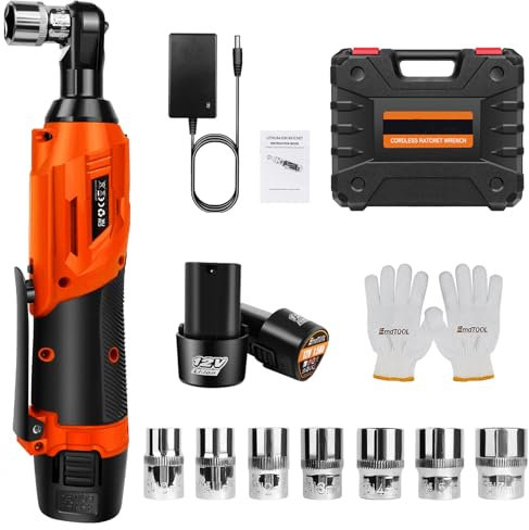 3/8 Cordless Ratchet Wrench with 7 Pcs Sockets, 12V Electric Battery Ratchet Wrench Drive with 2 x Li-Ion Battery and Fast Charger, LED Light, Max Torque 40N.m, 0-300 RPM