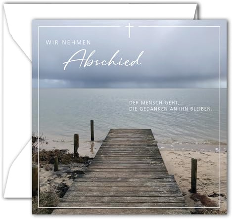 RotfuchsDesign - Stimmungsvolle Trauerkarte mit Umschlag Beileidkarte mit Spruch Kondolenzkarte Klappkarte Gedenkkarte Abschied Trauerfeier Beerdigung Anteilnahme (14,8 x 14,8 cm) Motiv: Steg ins Meer