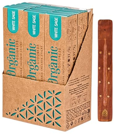 Organic Masala Indische Räucherstäbchen Set - 12 x Weißer Salbei - Big Box 12 Packungen mit Räucherstäbchenhalter aus Holz und Probierdüften - Song of India