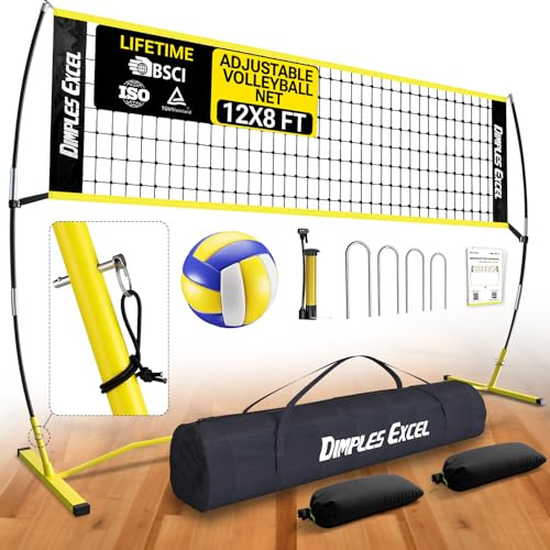 Dimples Excel 12x8 FT Volleyball Net for Backyard, 4 Adjustable Heights Set | All Ages & Skill Levels, 5/6/7/8 ft Heights, Ball, Pump, Sandbags & Carry Bag, Indoor/Outdoor, Beach, Park & Gym, 5-Min Setup