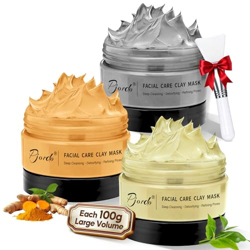 Pjordo Clay Mask Set (300g in Total), Vitamin C Turmeric Clay Mask, Dead Sea Mud, Green Tea Face Mask, Face Masks Skincare for Deep Cleansing, Oil Control & Refining Pores, with Mask Brush
