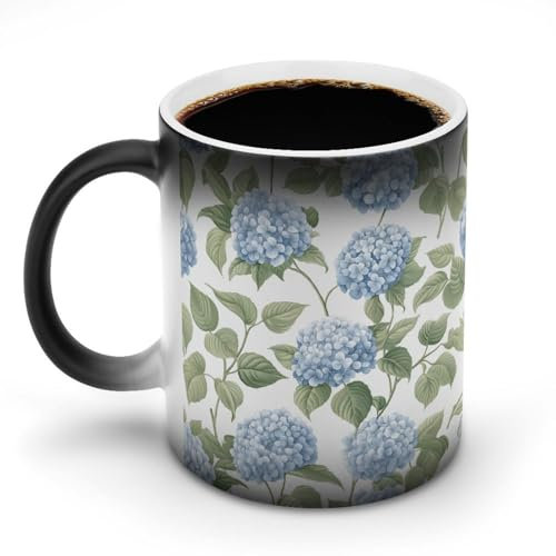 Jubonexis Blue Hydrangea with Green Leaves Color Changing Mugs Heat Changing Ceramic Coffee Mug Novelty Funny Tea Water Cup 11OZ
