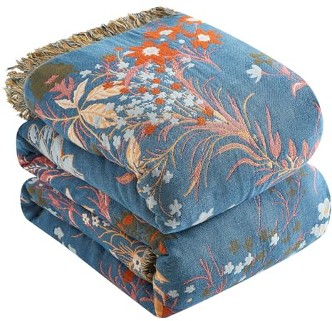 Bailix Premium Bohemian throw, 100% Cotton Cuddly Blanket with Fringes, Double-Sided Muslin, Boho Blanket, 150 x 200 cm, Cuddly Sofa Blanket and Bed Throw, Patchwork, Blanket for Room Blue/Beige
