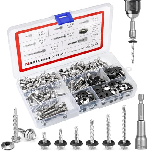 Nadisean 241 Pcs M4.8 Self Drilling Roofing Screws with Washers, 6 Sizes | 410 Stainless Steel Hex Head Self Tapping Screws Metal, 13/16/19/25/32/38mm Self Drilling Screws with Socket for Fixing Roof